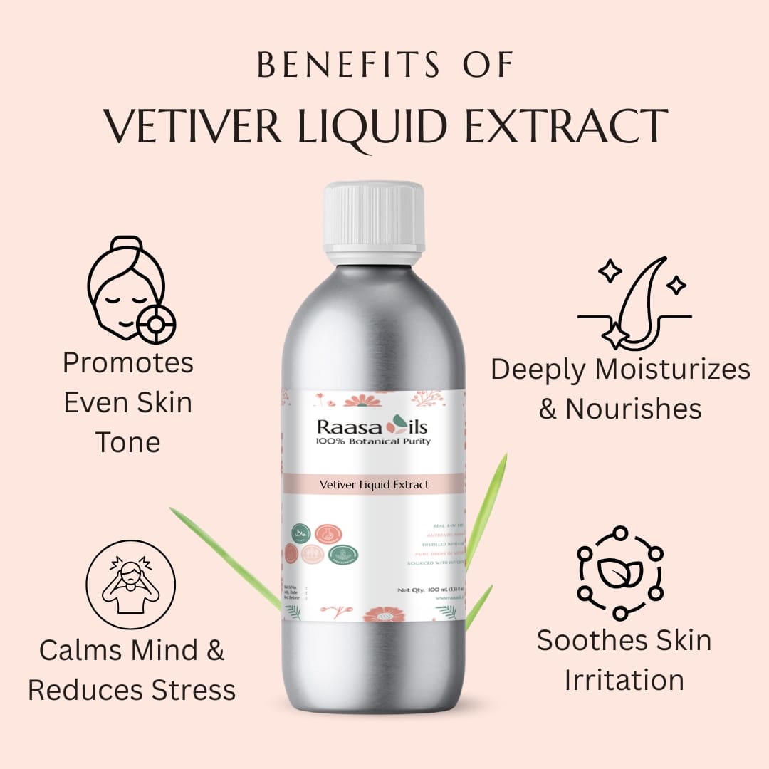 Bottle of Raasa Oils Vetiver Liquid Extract with benefits listed on a pink background
