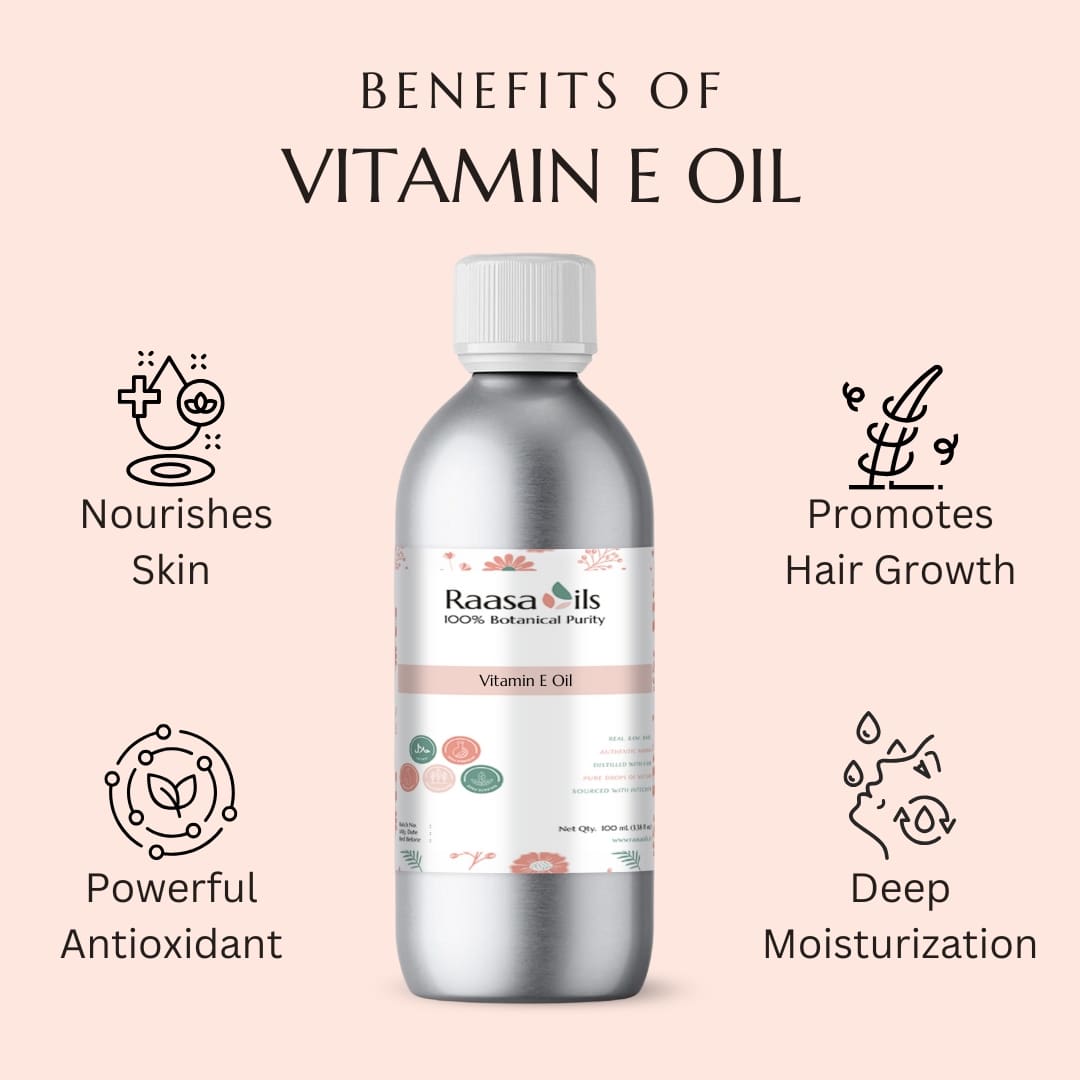 Bottle of Raasa Oils Vitamin E Oil with benefits listed on a pink background