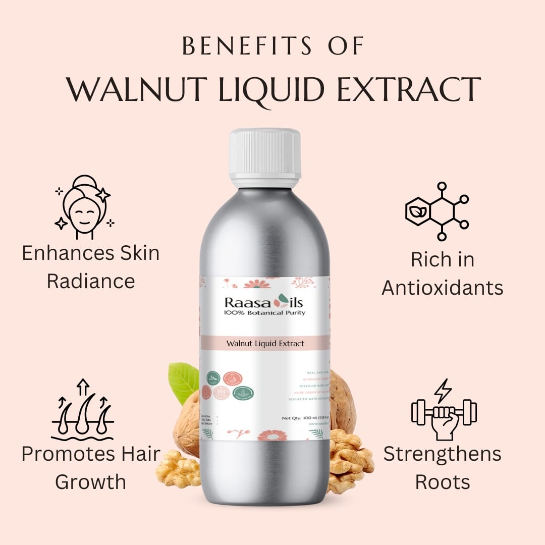 Bottle of Raasa Oils Walnut Liquid Extract with benefits listed on a pink background