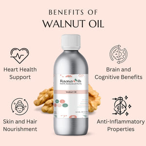 Bottle of Raasa Oils Walnut Oil with benefits listed on a pink background