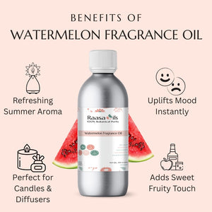 Raasa Oils watermelon fragrance oil bottle with benefits listed on a pink background