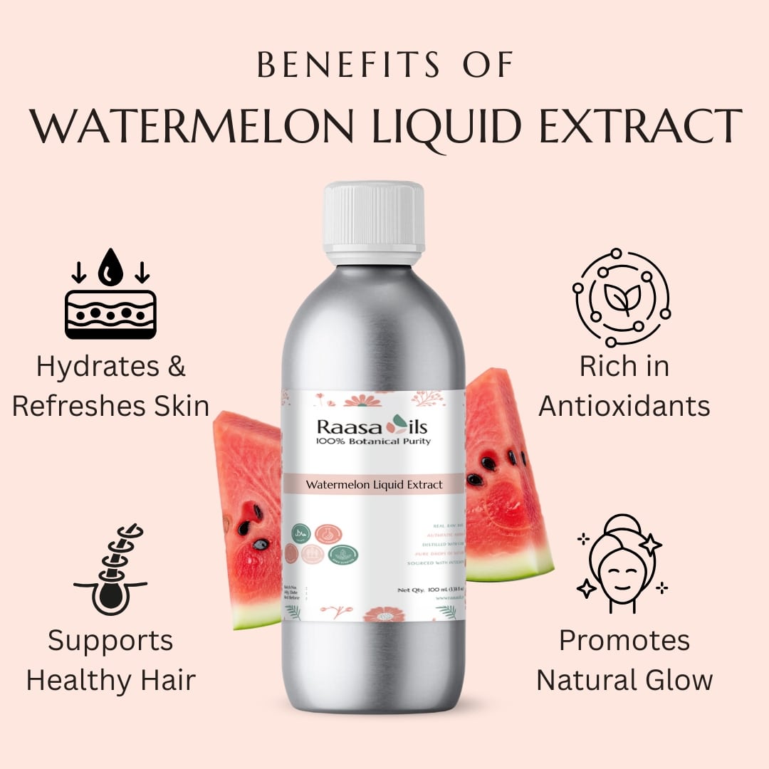 Bottle of Raasa Oils Watermelon Liquid Extract with benefits listed on a pink background