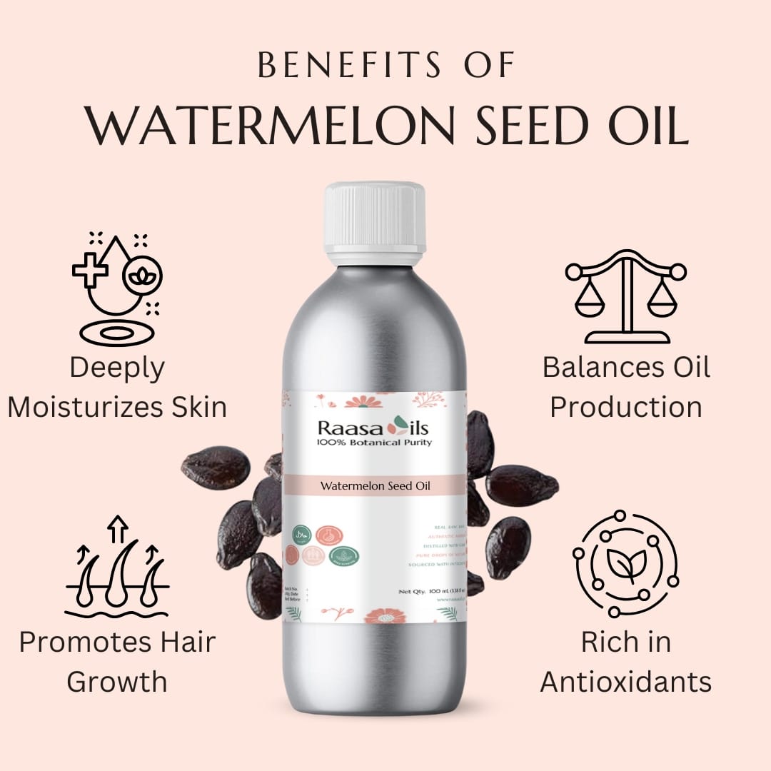 Raasa Oils watermelon seed oil bottle with benefits listed on a pink background