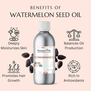Raasa Oils watermelon seed oil bottle with benefits listed on a pink background