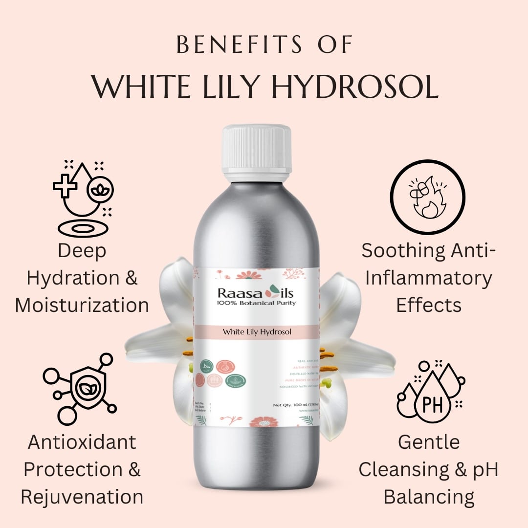 Raasa Oils White Lily Hydrosol bottle with benefits listed on a pink background