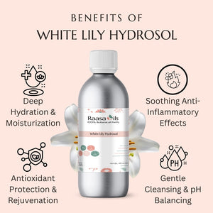Raasa Oils White Lily Hydrosol bottle with benefits listed on a pink background