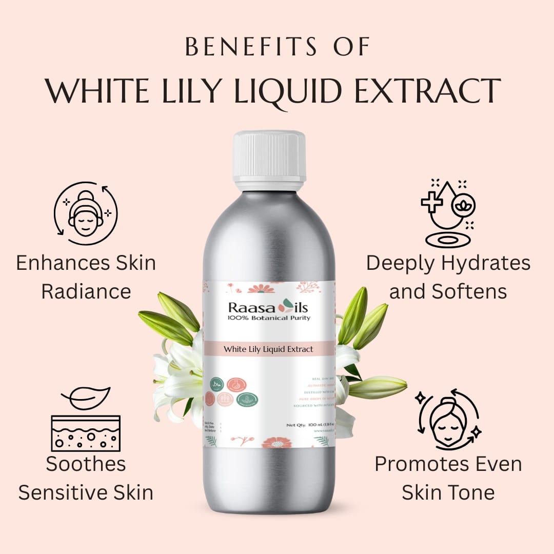 Raasa Oils White Lily Liquid Extract bottle with benefits listed on a pink background