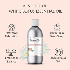 White Lotus essential oil bottle with benefits listed on a pink background