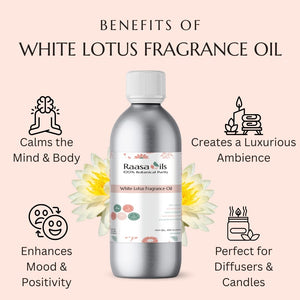White Lotus Fragrance Oil bottle with benefits listed on a pink background