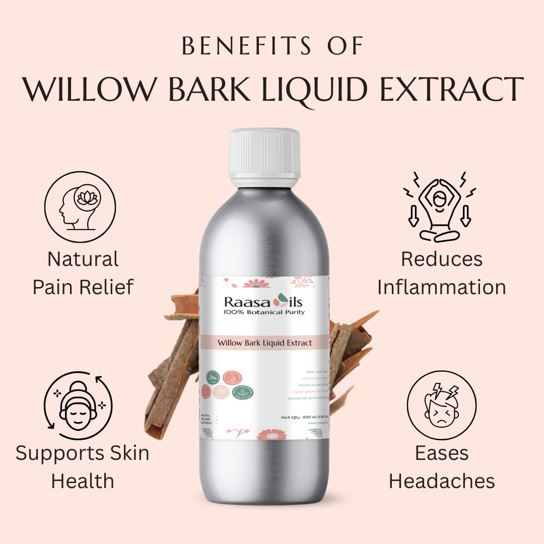 Bottle of Raasa Oils Willow Bark Liquid Extract with benefits listed on a beige background