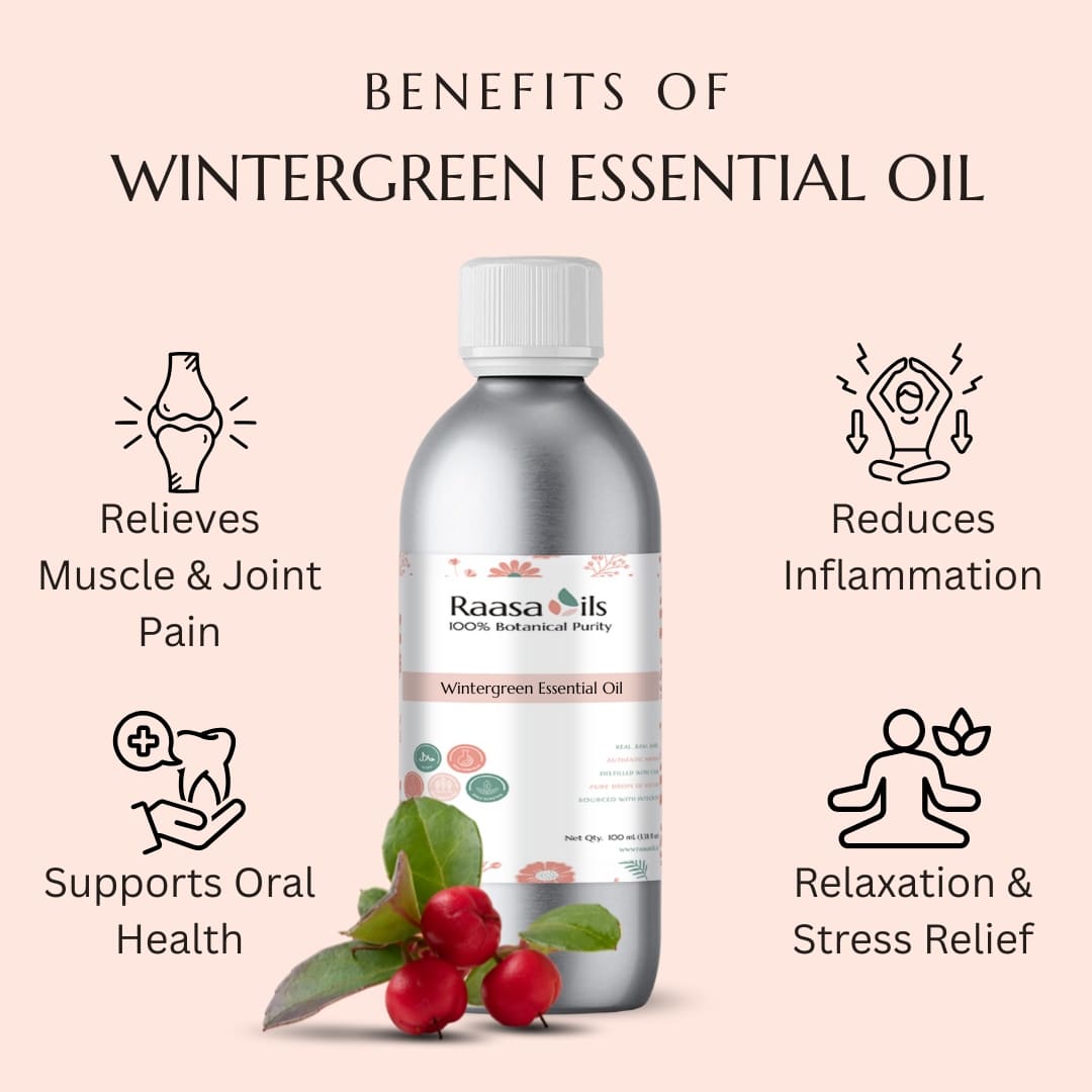 Raasa Oils Wintergreen Essential Oil bottle with benefits listed on a light pink background