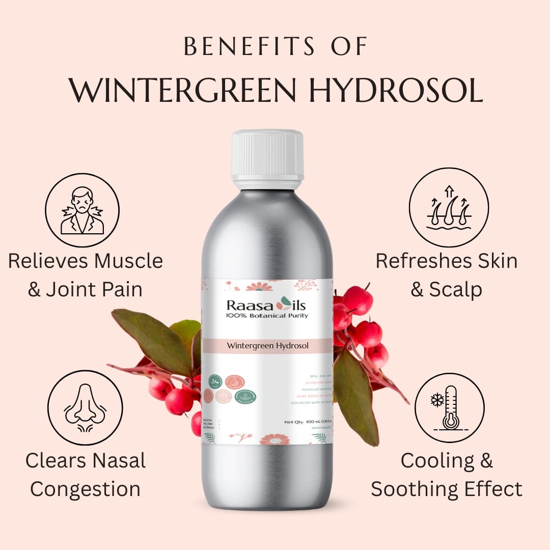 Raasa Oils Wintergreen Hydrosol bottle with benefits listed on a pink background