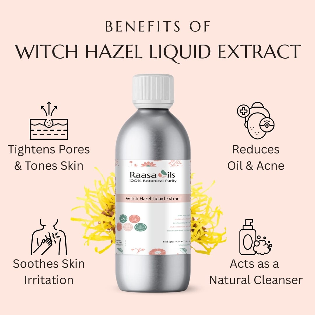 Raasa Oils witch hazel liquid extract bottle with benefits listed on a pink background