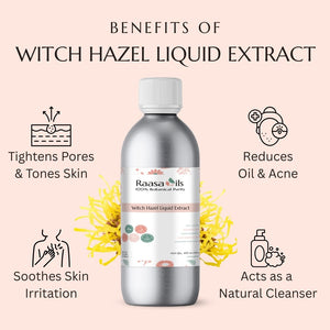 Raasa Oils witch hazel liquid extract bottle with benefits listed on a pink background