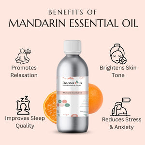 Mandarin essential oil bottle with benefits listed on a pink background