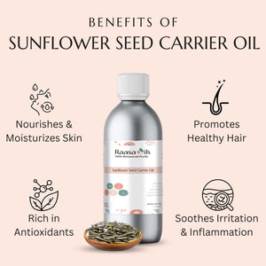 Sunflower seed carrier oil bottle with benefits listed on a beige background