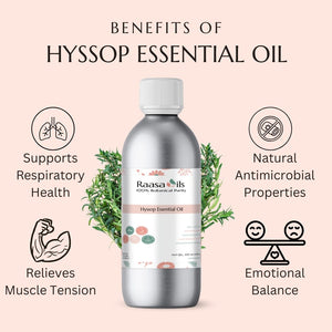 Hyssop essential oil bottle with benefits listed on a pink background