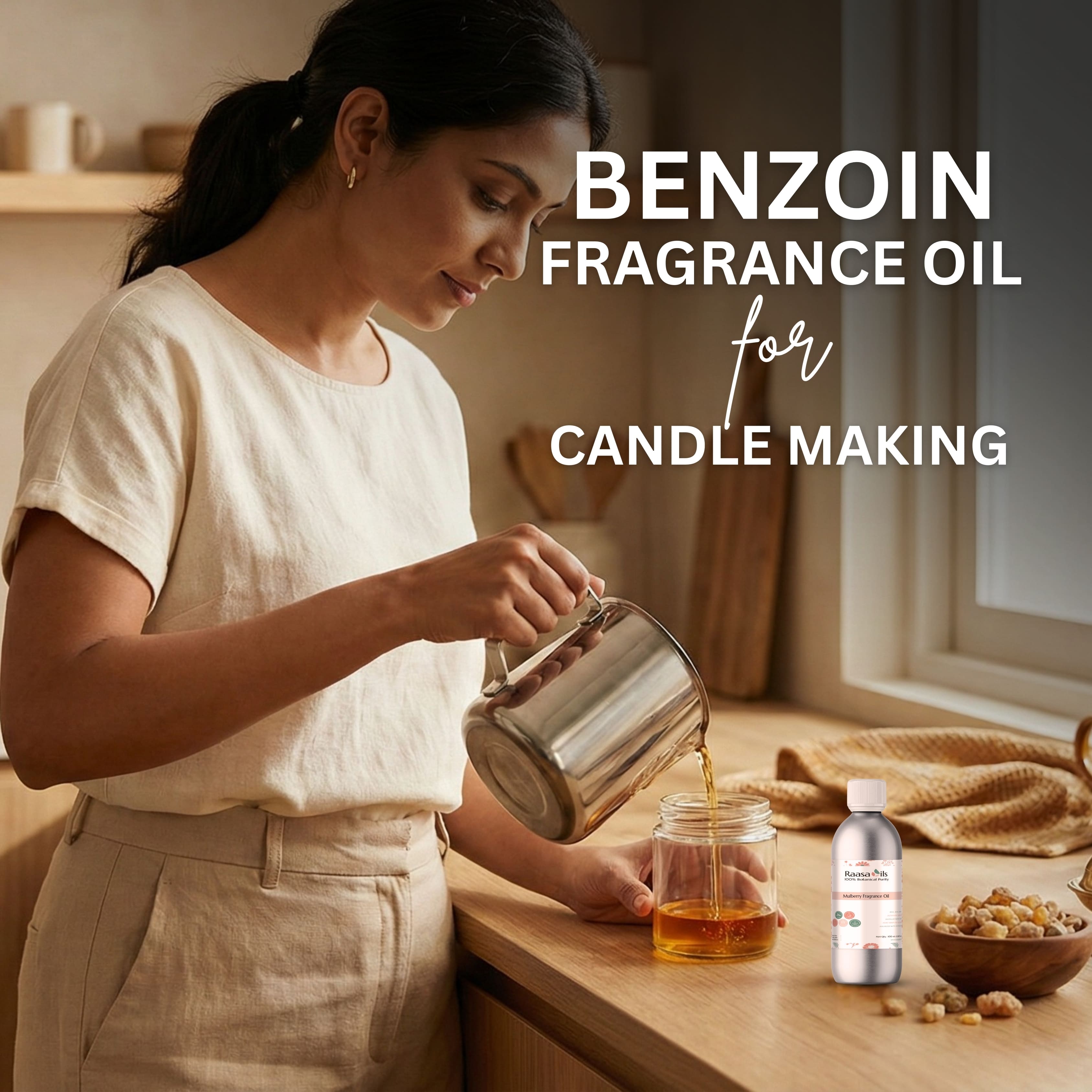Woman pouring liquid into a jar with text about benzoin fragrance oil for candle making.
