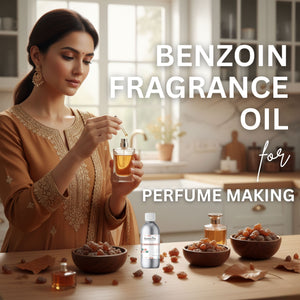 Woman with benzoin fragrance oil and ingredients in a kitchen setting