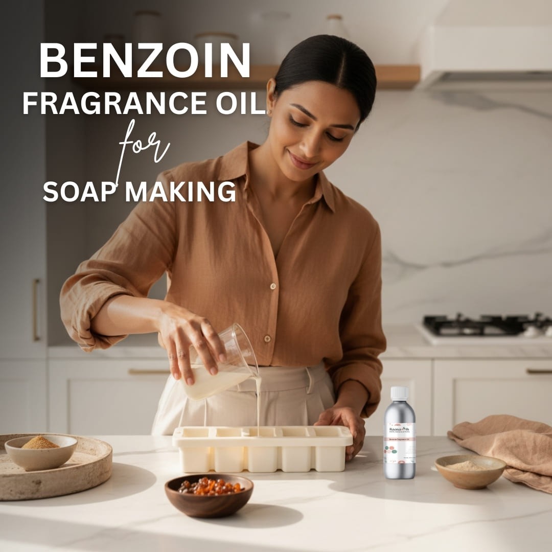 Woman making soap in a kitchen with Benzoin fragrance oil text overlay