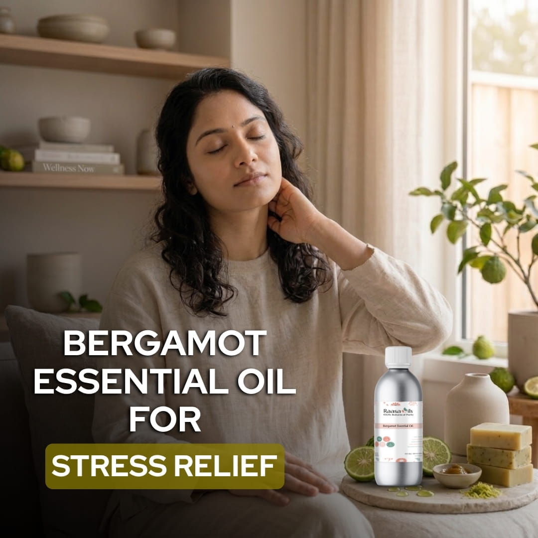 Woman relaxing with bergamot essential oil for stress relief in a home setting.
