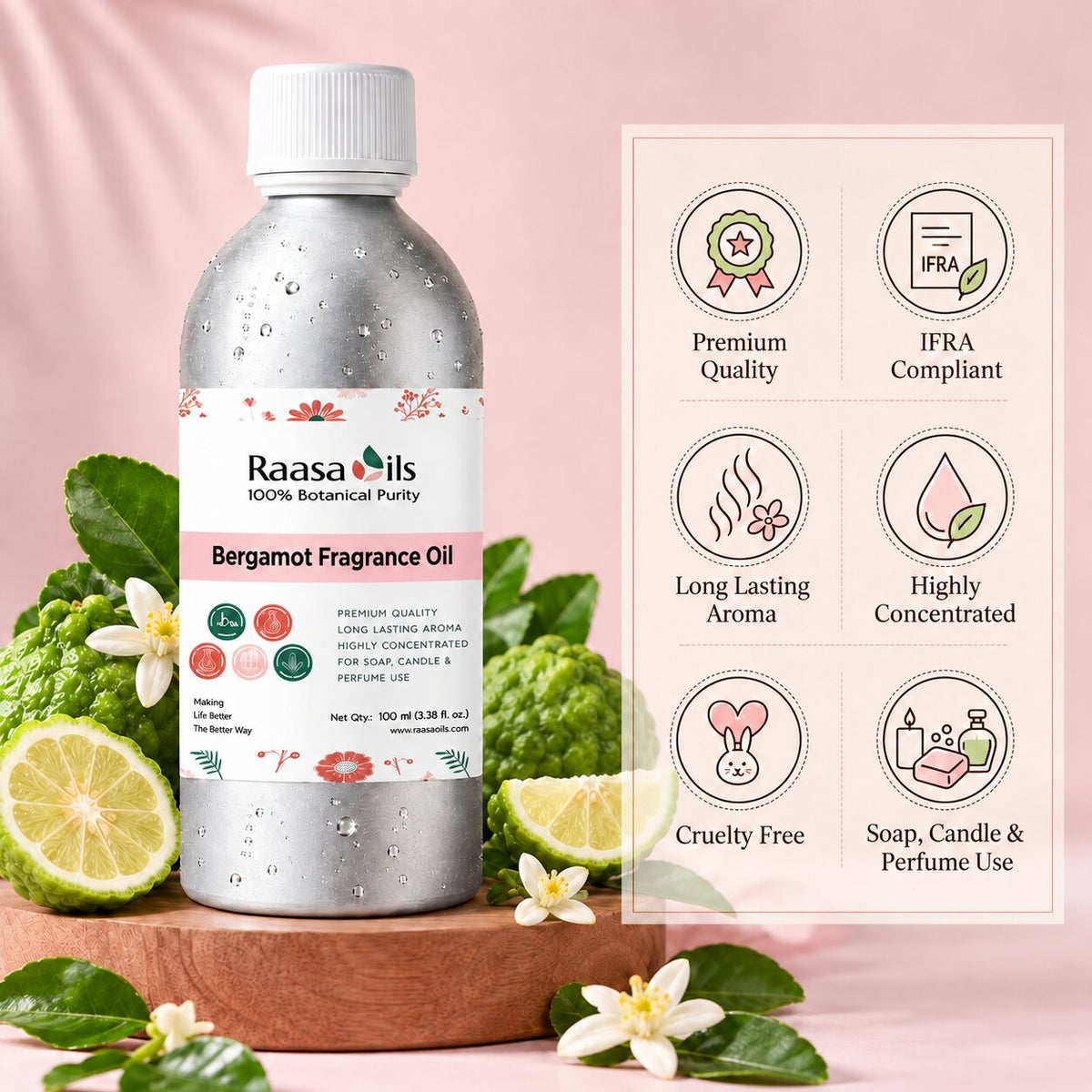 A bottle of Raasa Oils Bergotam Fragrance Oil displayed on a wooden stand with bergamot fruits, limes, and flowers against a pink fabric backdrop, alongside a feature infographic.