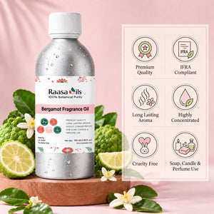 A bottle of Raasa Oils Bergotam Fragrance Oil displayed on a wooden stand with bergamot fruits, limes, and flowers against a pink fabric backdrop, alongside a feature infographic.