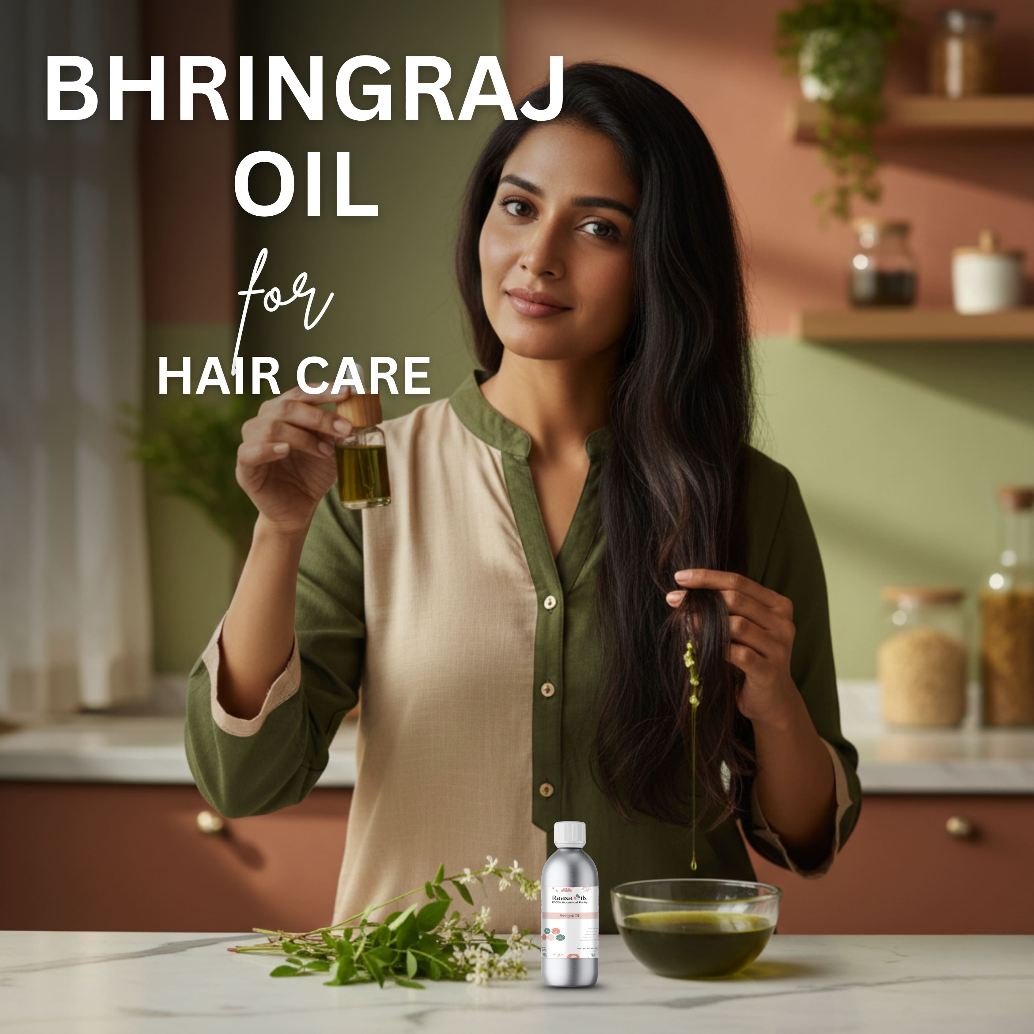 Woman holding Bhringraj oil with products on a kitchen counter