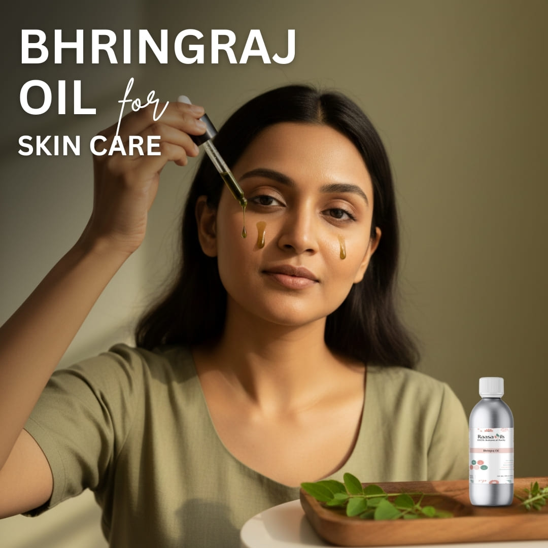 Woman applying Bhringraj oil to her face with a dropper, surrounded by Bhringraj plant leaves on a wooden tray.