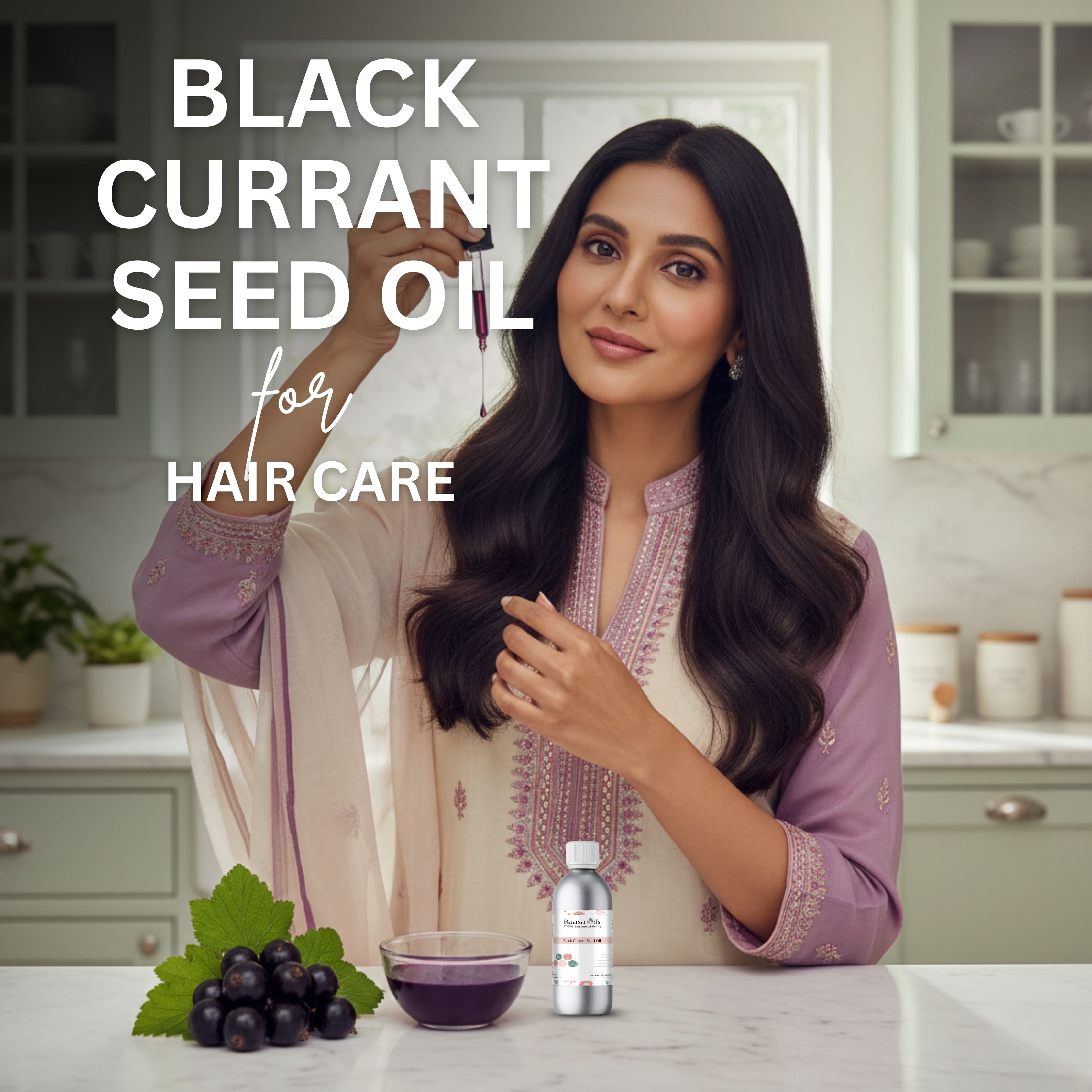 Woman with long hair holding a bottle of black currant seed oil in a kitchen setting.