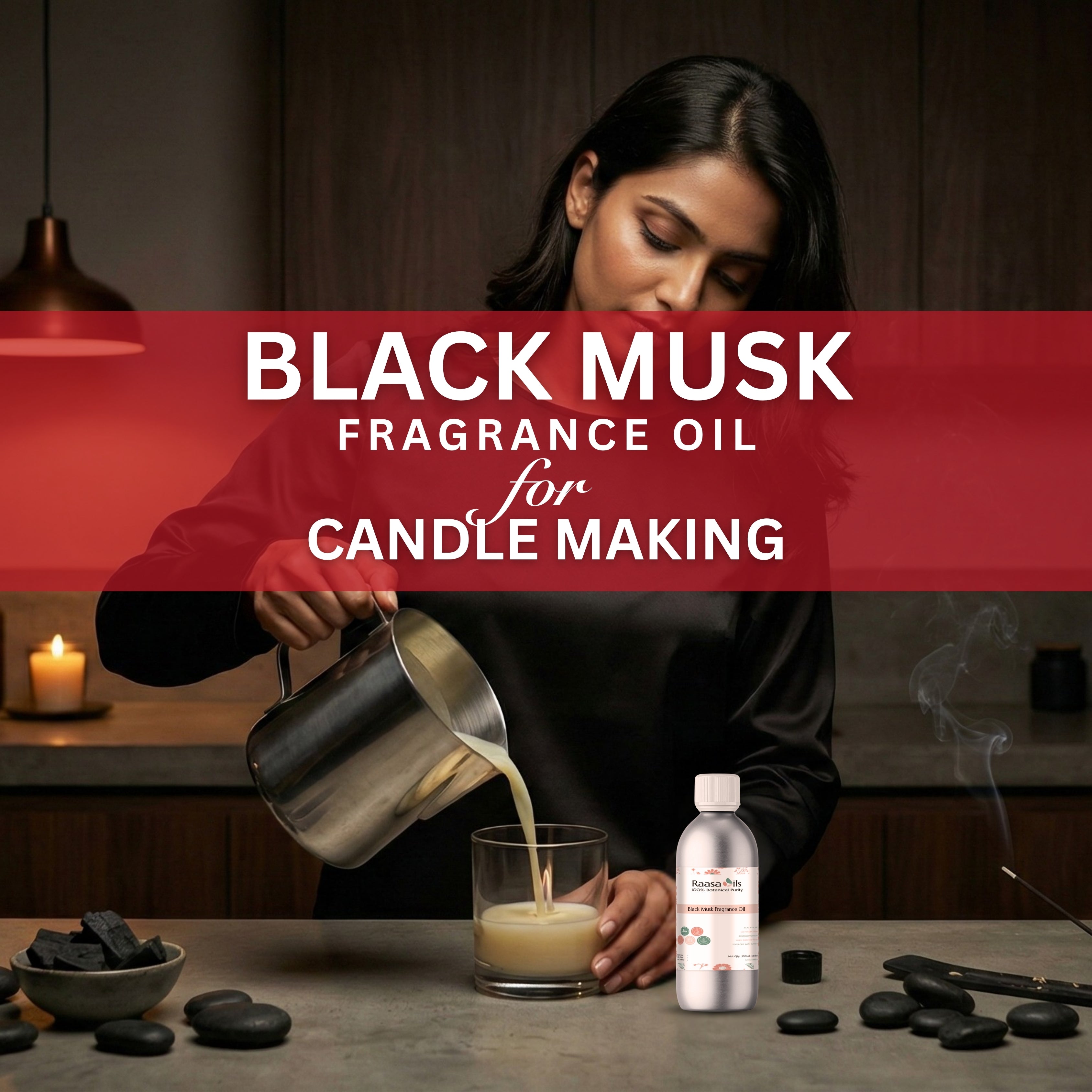 Woman pouring liquid into a glass with text about Black Musk fragrance oil for candle making.