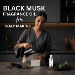 Woman in a kitchen pouring a liquid into a container with text about black musk fragrance oil for soap making.