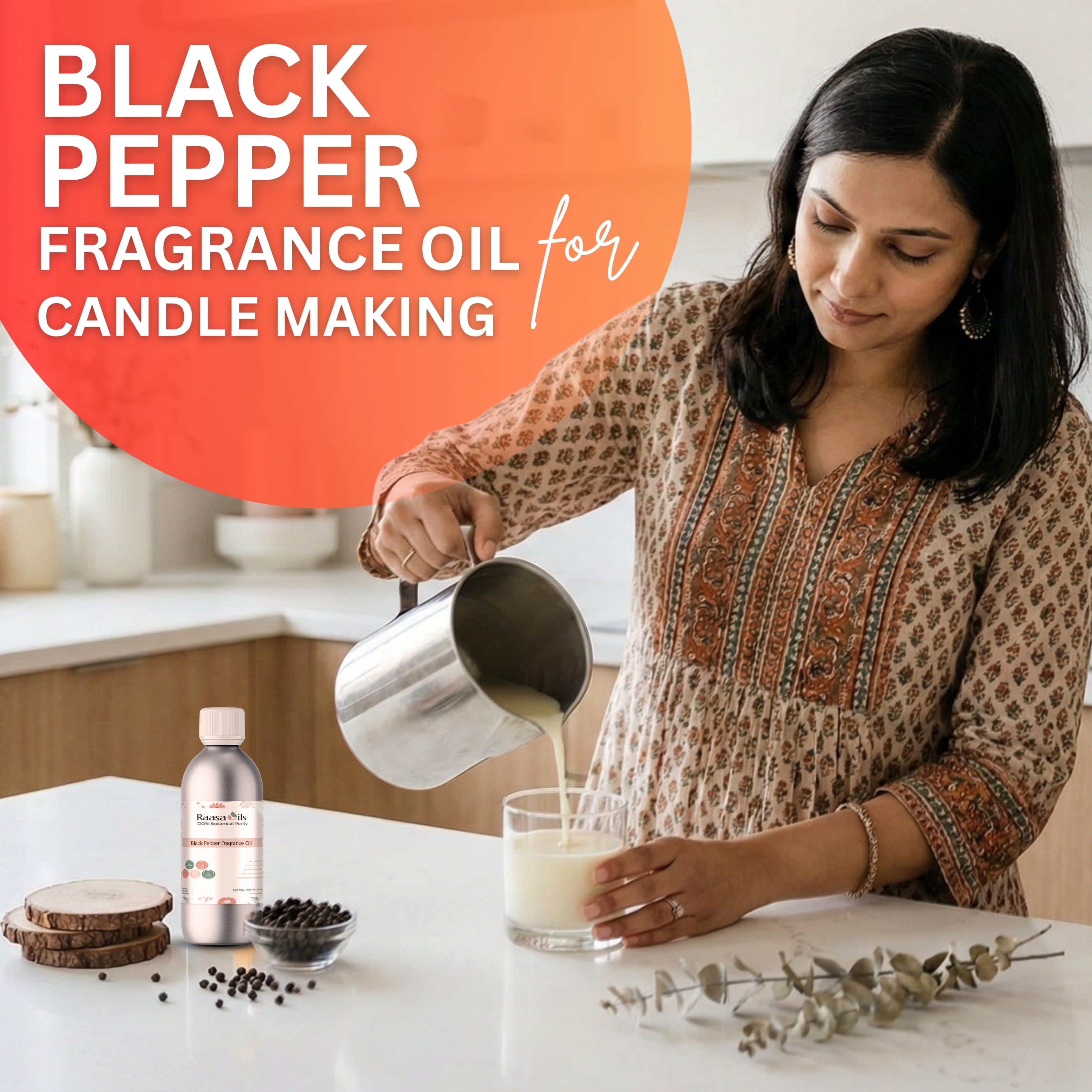 Woman pouring liquid into a glass with text about black pepper fragrance oil for candle making.