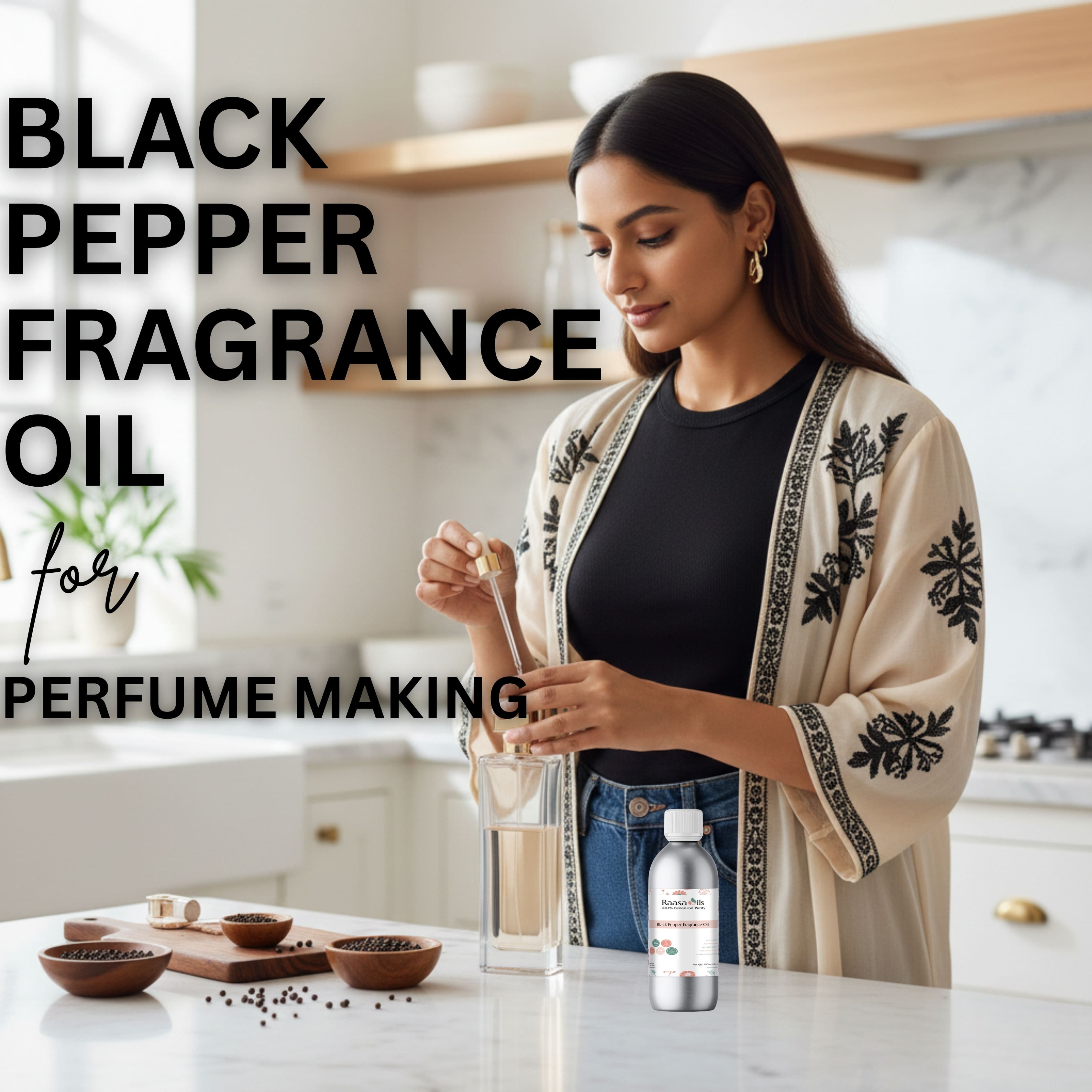 Woman in a kitchen preparing black pepper fragrance oil for perfume making.