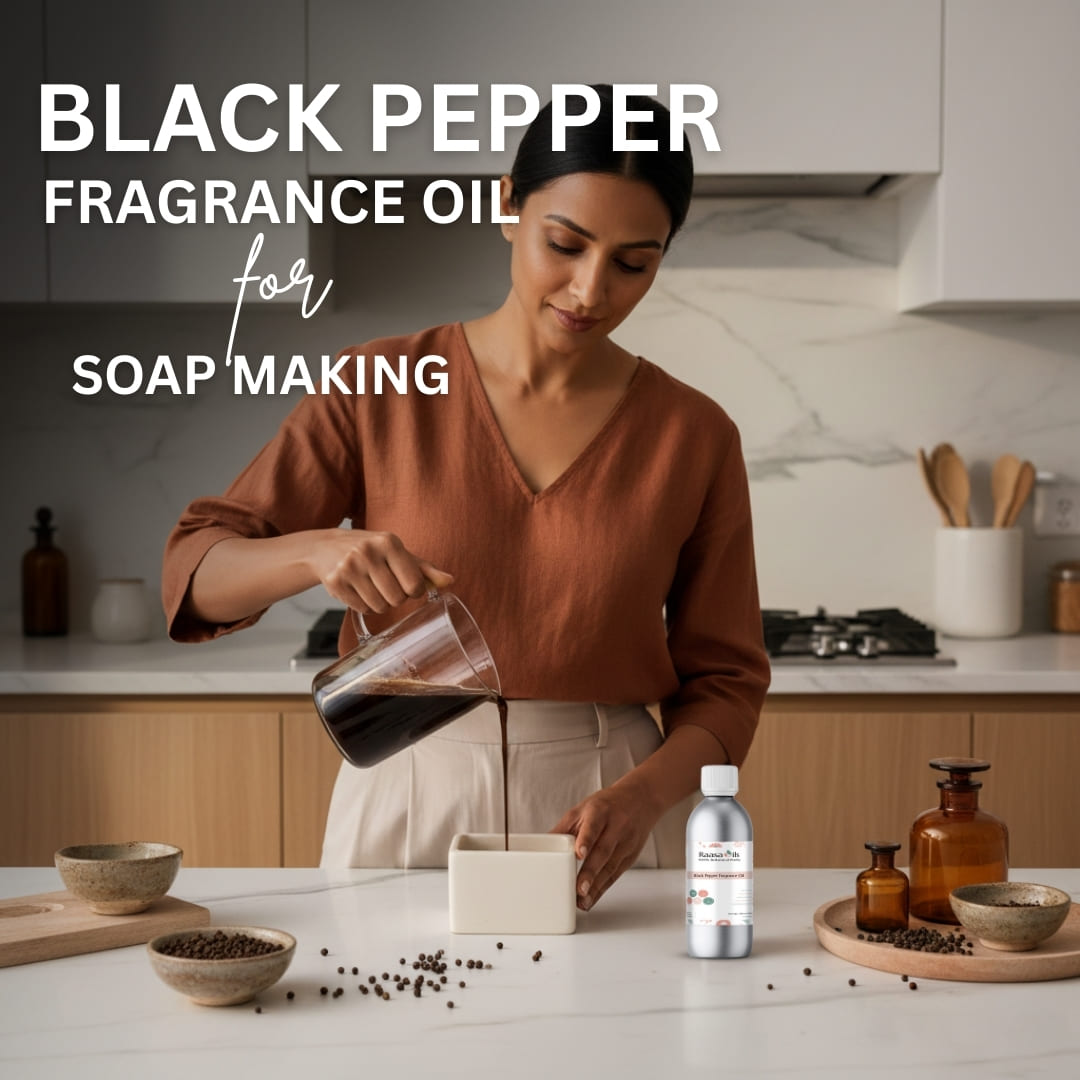 Woman pouring a liquid into a container with text about black pepper fragrance oil for soap making.