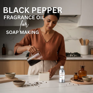 Woman pouring a liquid into a container with text about black pepper fragrance oil for soap making.