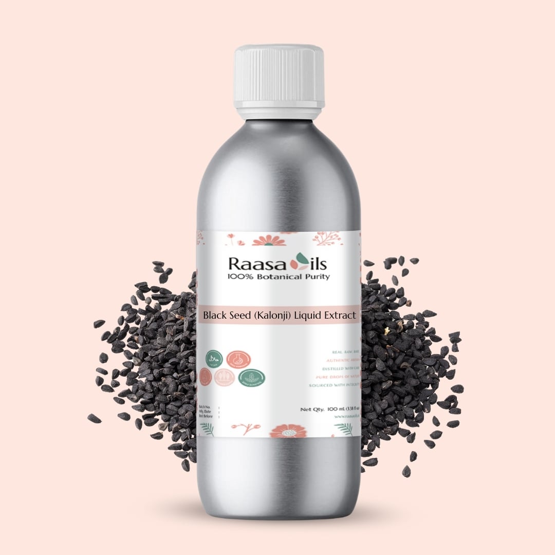Bottle of Raasa Oils Black Seed Liquid Extract with black seeds on a light pink background