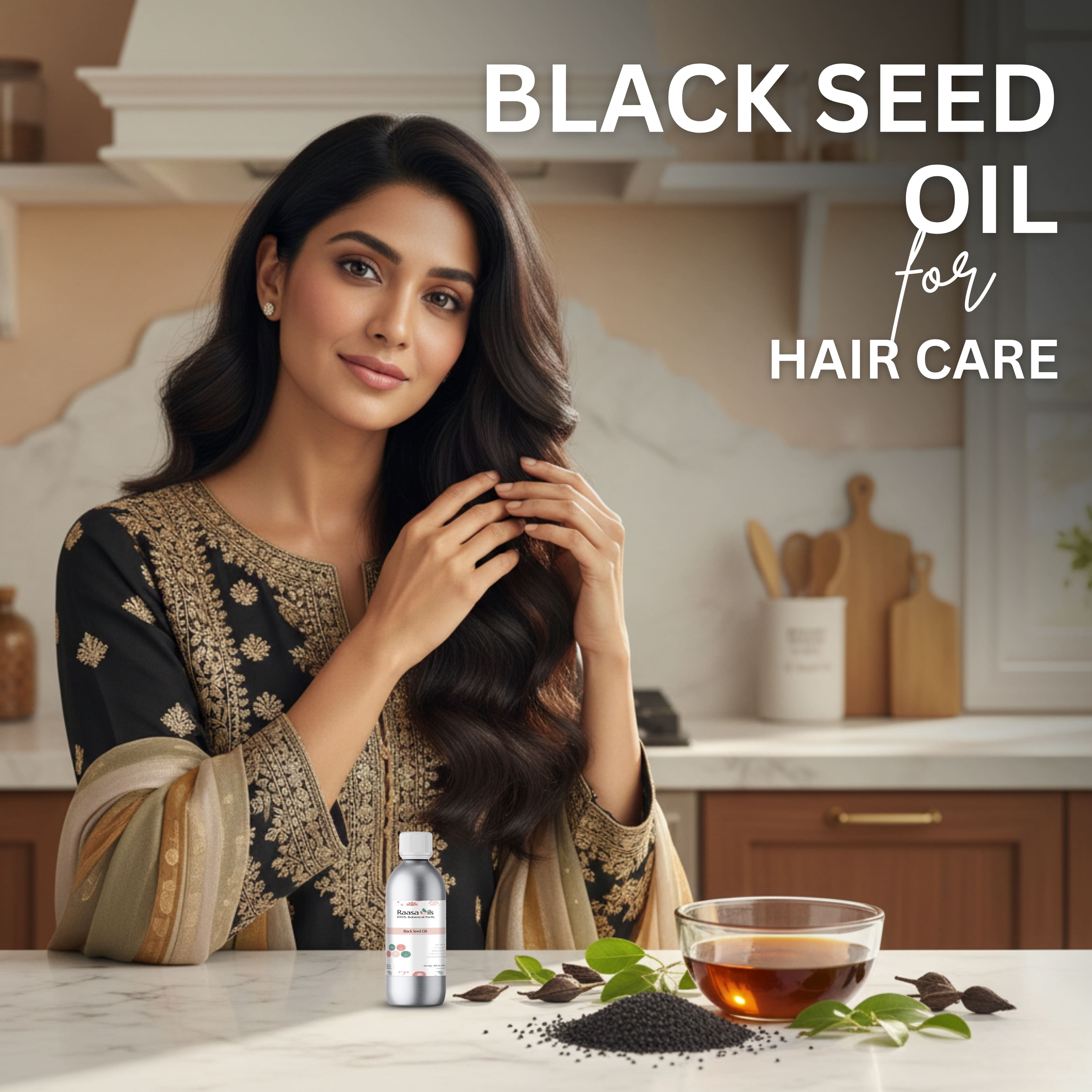 Woman with long hair in a kitchen setting with black seed oil and ingredients on the counter.
