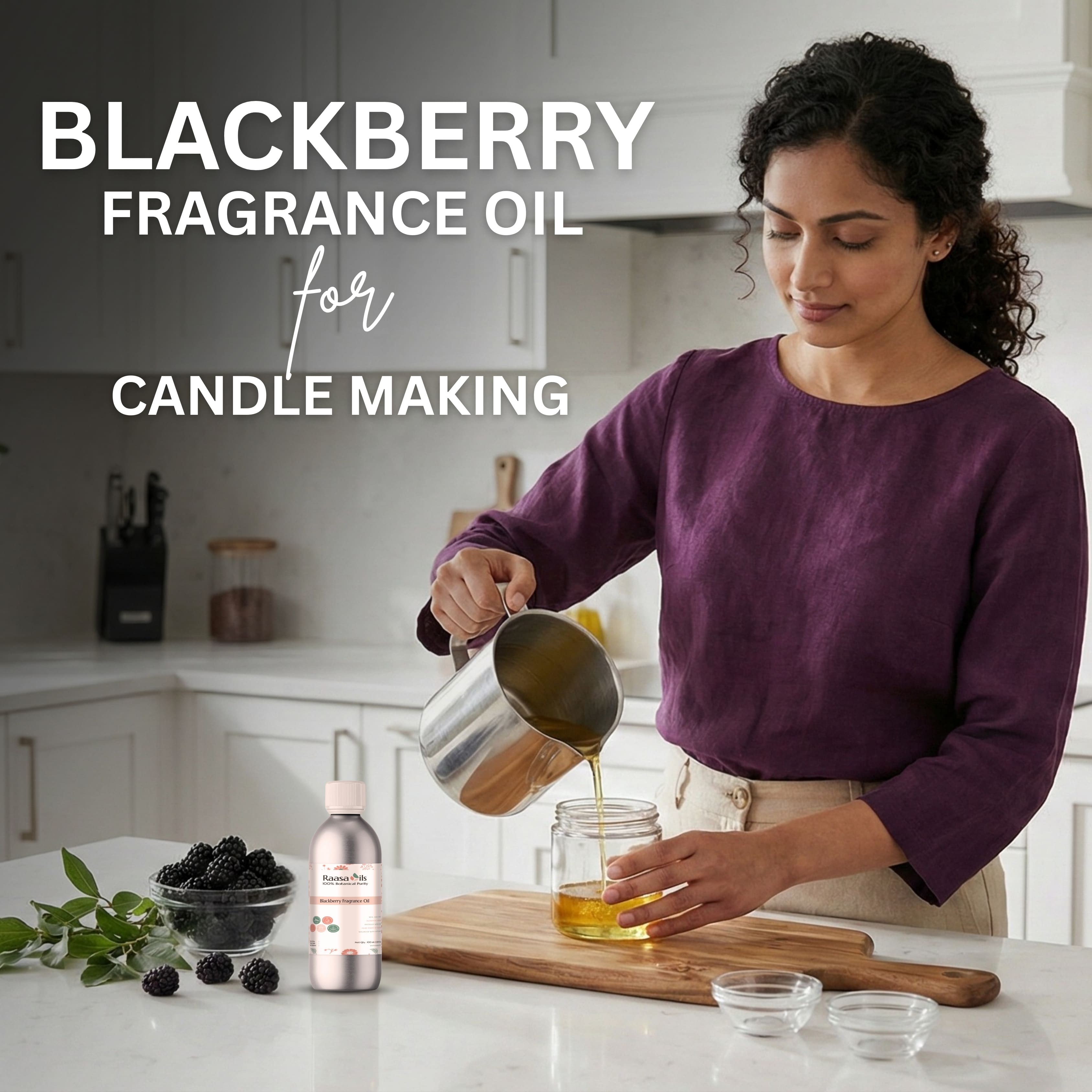 Woman pouring blackberry fragrance oil into a jar with text about blackberry fragrance oil for candle making.