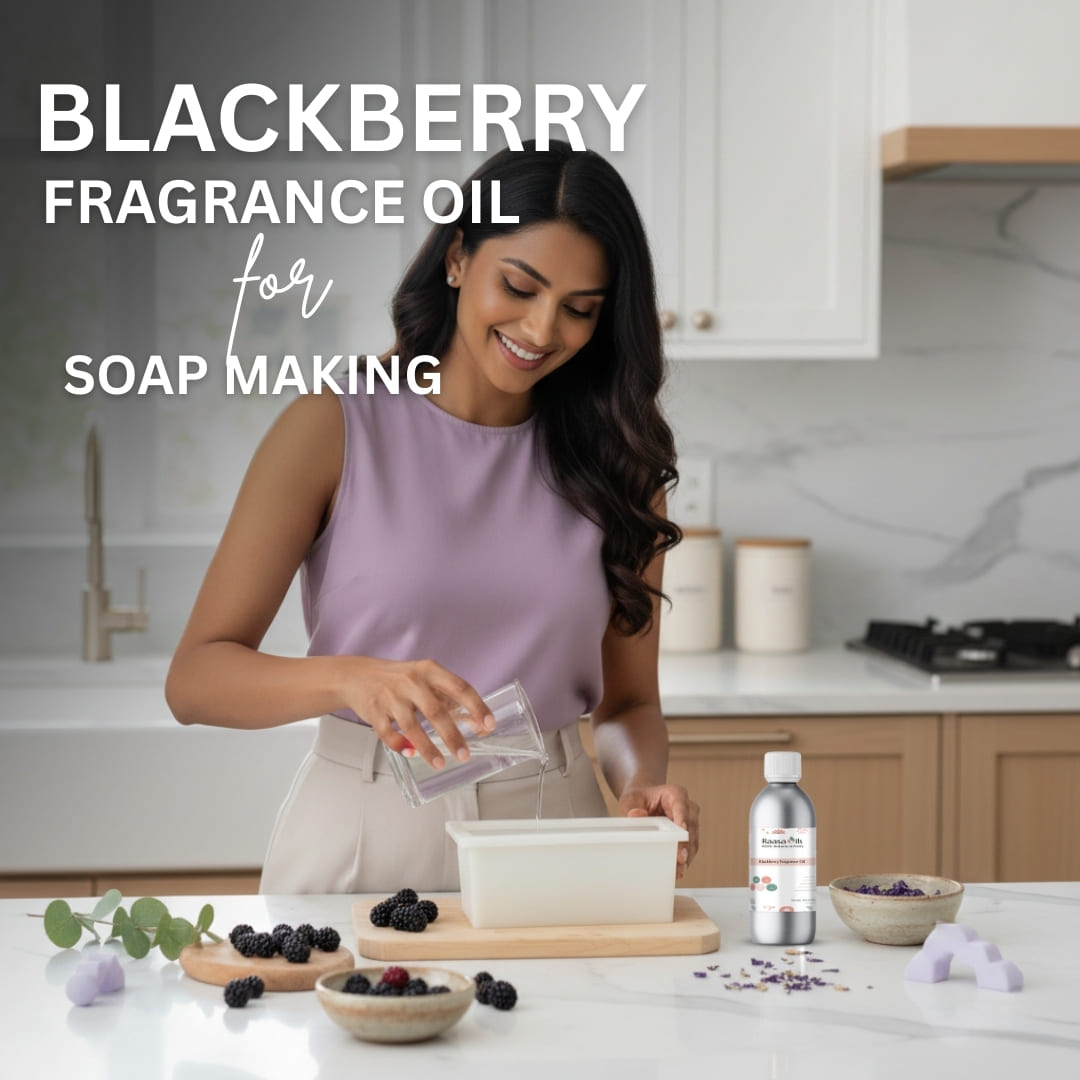 Woman in a kitchen preparing ingredients for soap making with blackberry fragrance oil.