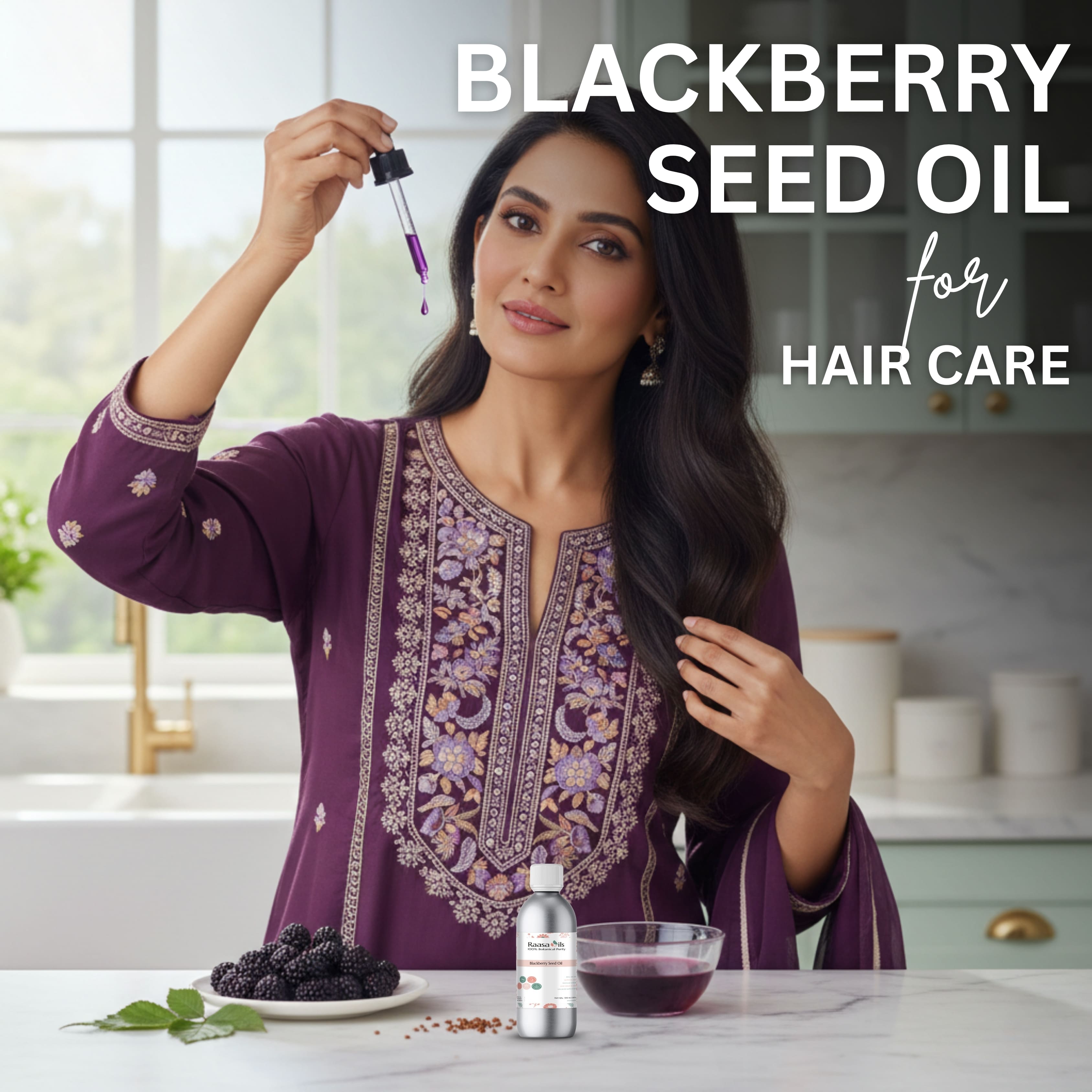 Woman with long hair holding blackberry seed oil dropper in a kitchen setting