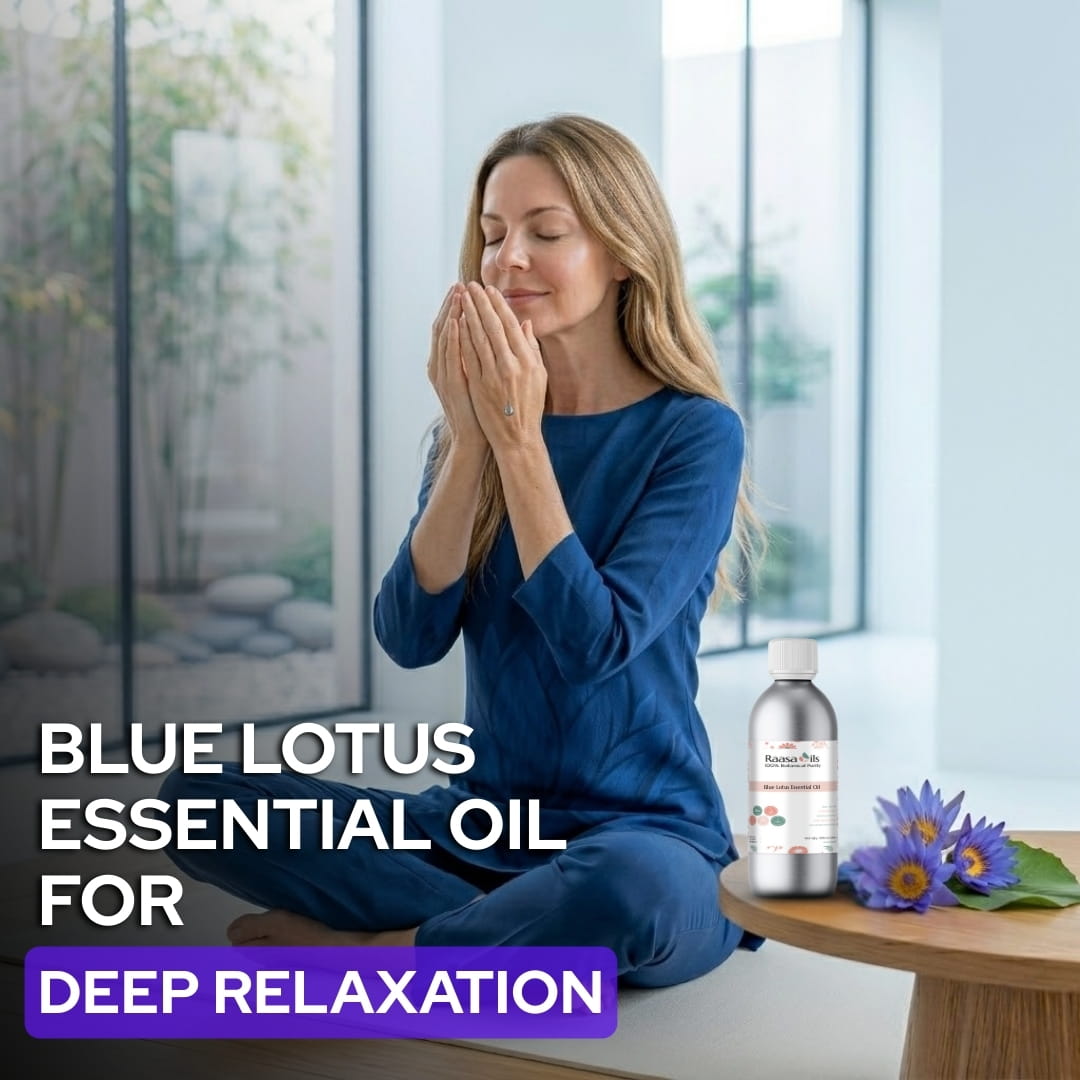 Woman meditating with Blue Lotus essential oil bottle and flowers on a table