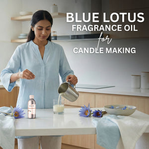 Woman in a kitchen preparing ingredients for candle making with Blue Lotus fragrance oil.