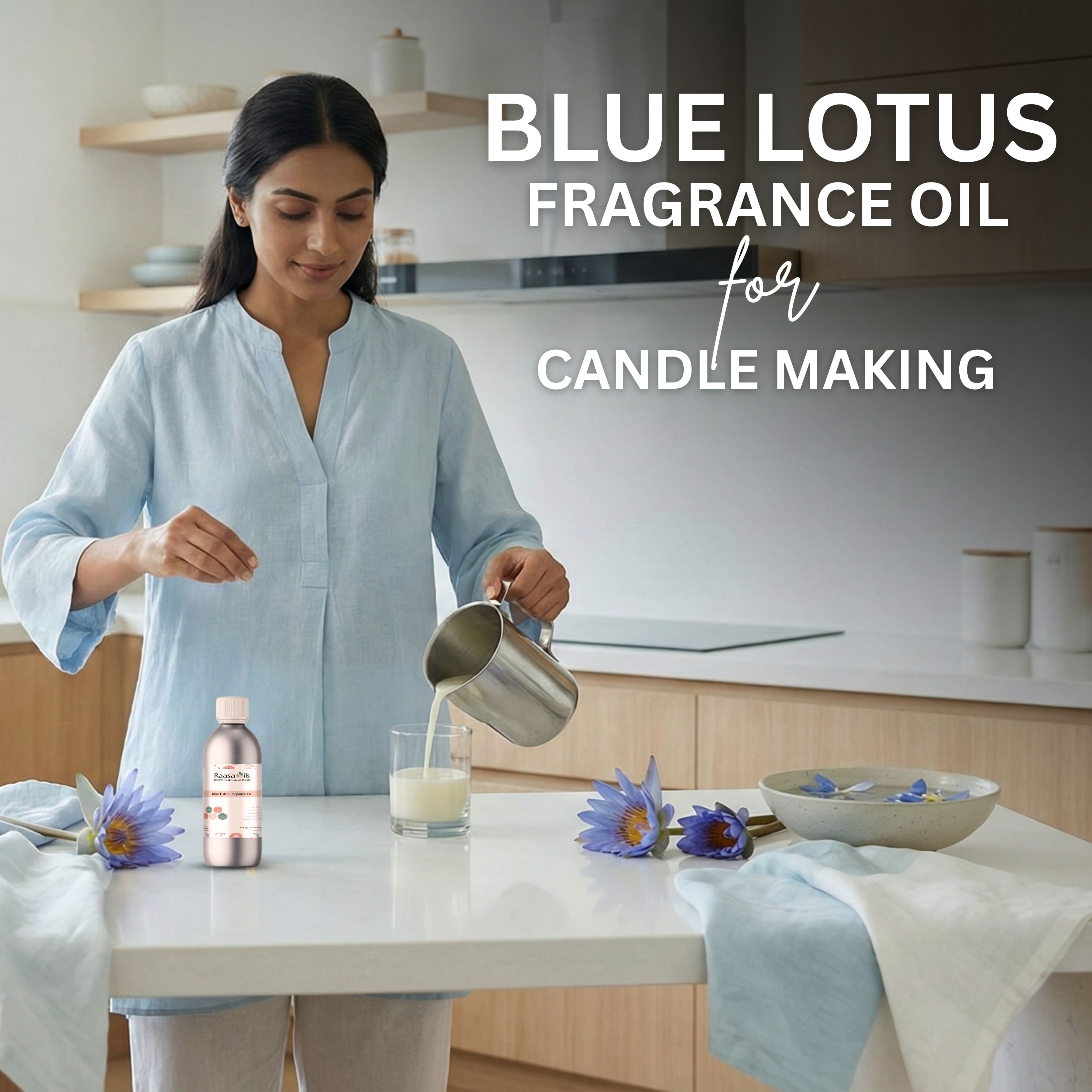 Woman in a kitchen preparing ingredients for candle making with Blue Lotus fragrance oil.