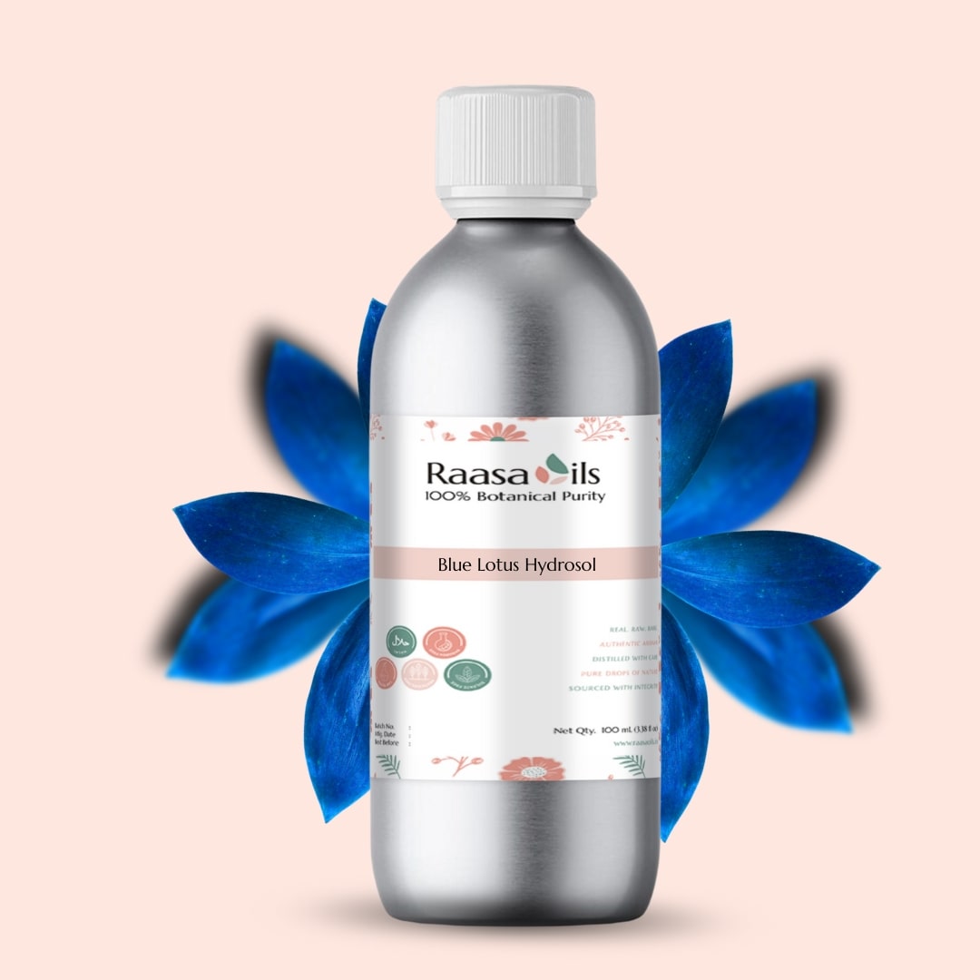 Raasa Oils Blue Lotus Hydrosol bottle with blue lotus flowers on a beige background