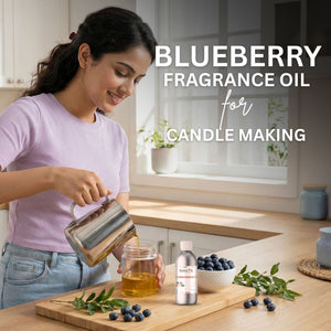 Woman in a kitchen preparing blueberry-scented candle with text about blueberry fragrance oil for candle making.