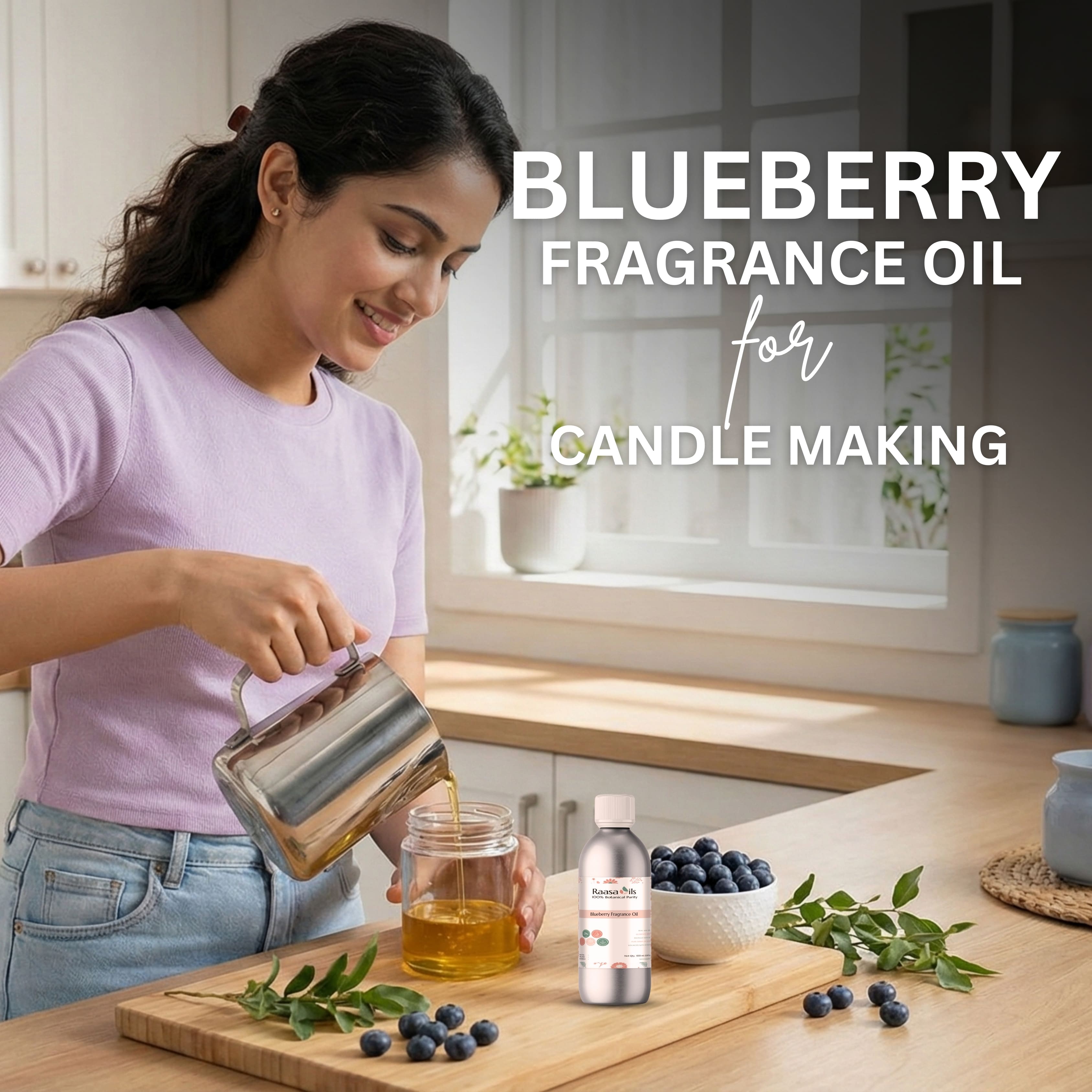 Woman in a kitchen preparing blueberry-scented candle with text about blueberry fragrance oil for candle making.