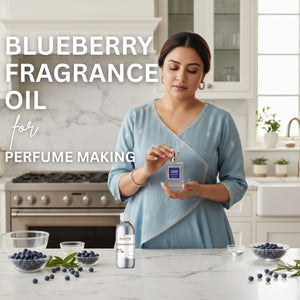 Woman holding a bottle of blueberry fragrance oil in a kitchen setting with text about blueberry fragrance oil for perfume making.