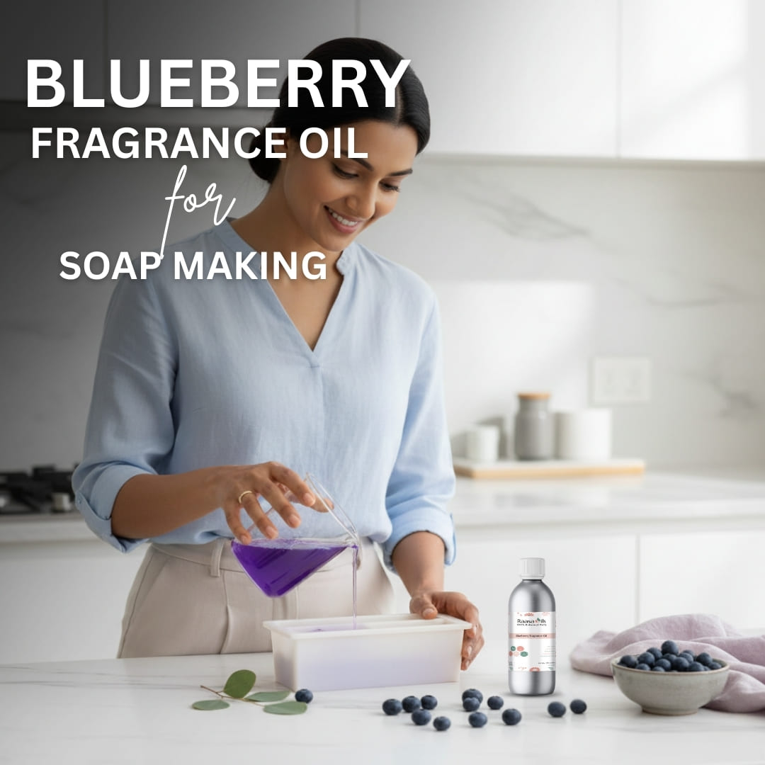Woman making soap with blueberry fragrance oil in a kitchen setting