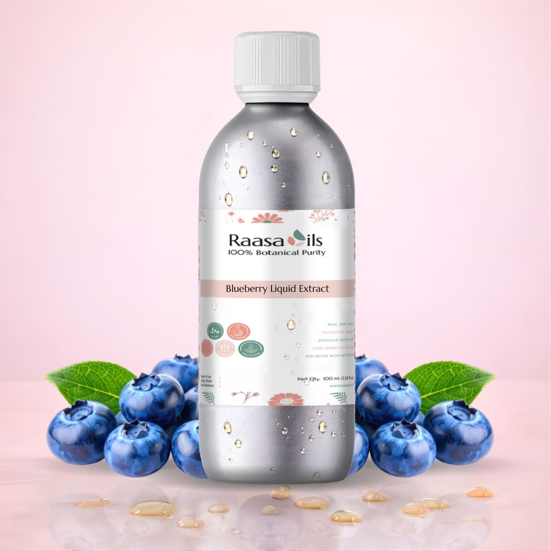 Bottle of Raasa Oils Blueberry Liquid Extract with blueberries on a pink background